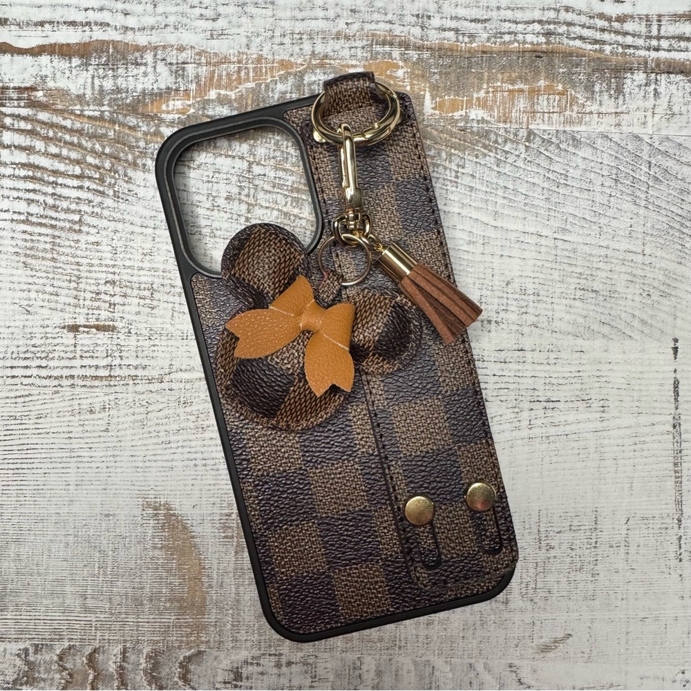 Luxury Checkered iPhone 15 Pro Max Case with Minnie Charm & Tassel